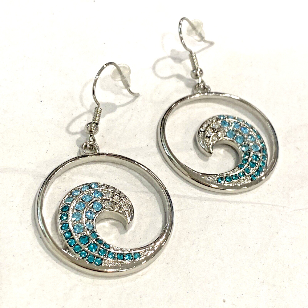 Silvertone pierced earrings drop dangle hoops blue white crystal rhinestone wave